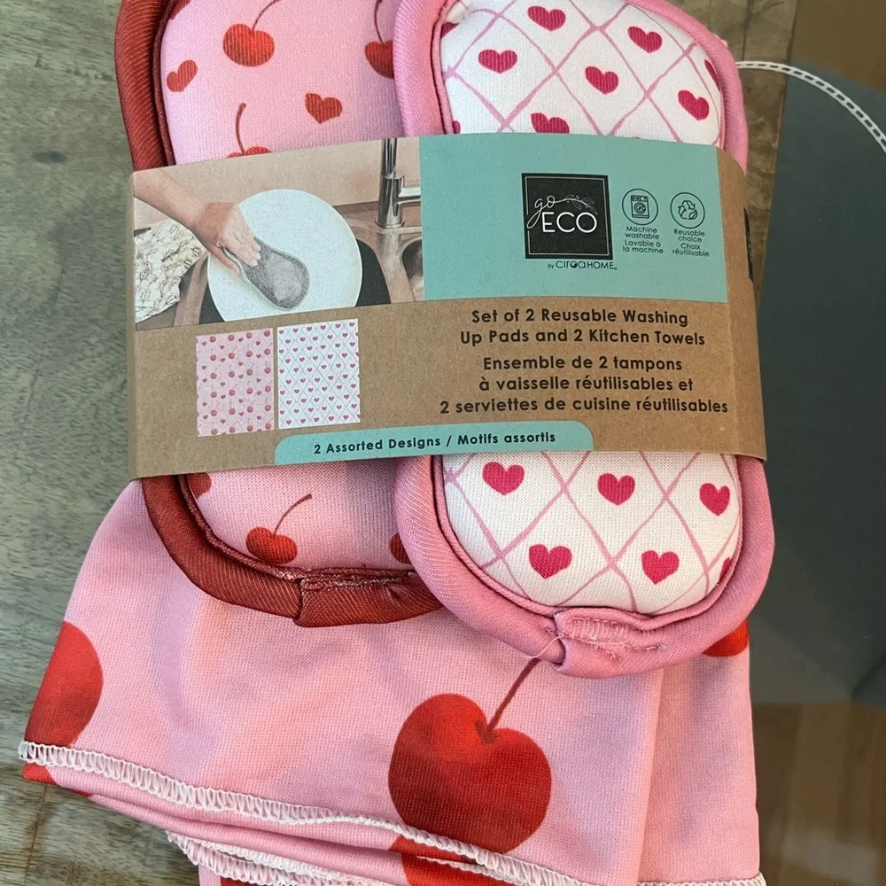 Cherry Pink Kitchen Linens Set 2 towels and 2 sponges